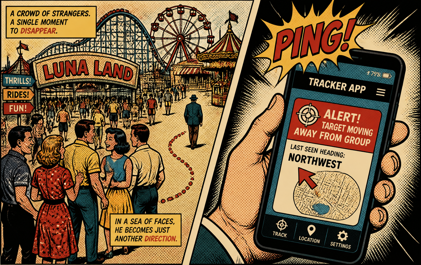 Comic split scene showing a person drifting from a crowd and a chaperone receiving a PING alert